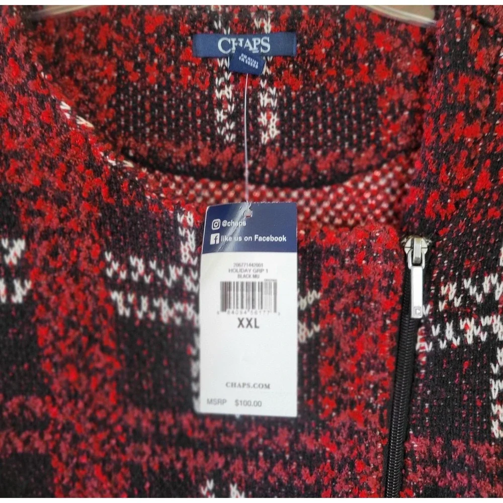 Chaps Womens Sweater Jacket XXL Red‎ Black White Plaid Knit Zip-Up Long Sleeve